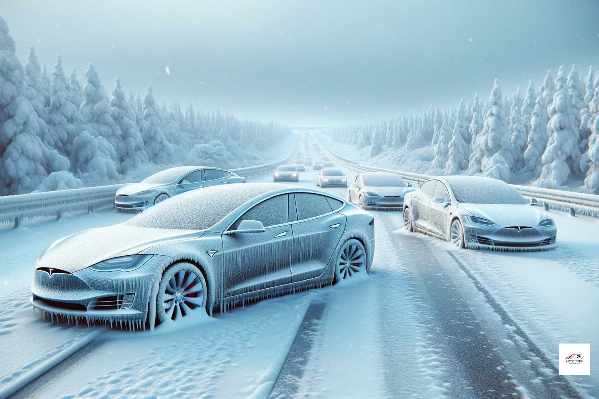 Tesla bloccate dal gelo - molte Tesla in autostrade bloccate - immagine AI